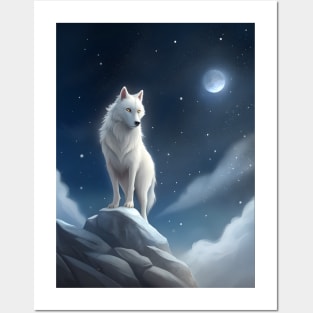 White Wolf Hunting Ground, Winter Mountain Icy Moon, Forest, Galaxy Beautiful gifts Novelty a Wolf portrait Watercolor Posters and Art